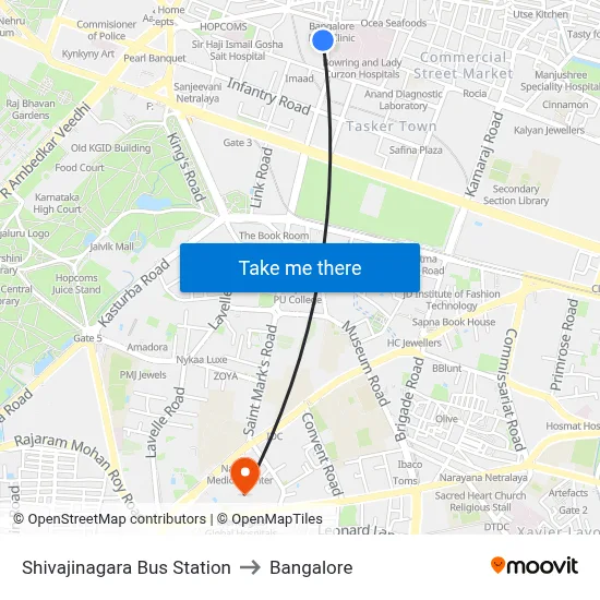 Shivajinagara Bus Station to Bangalore map