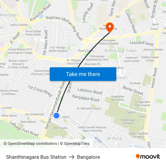 Shanthinagara Bus Station to Bangalore map