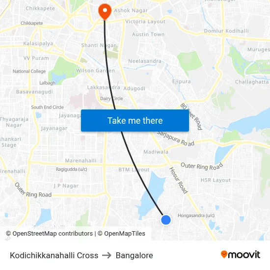 Kodichikkanahalli Cross to Bangalore map