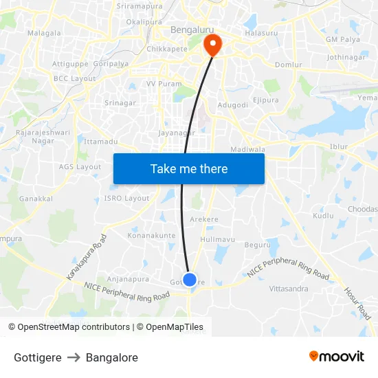 Gottigere to Bangalore map