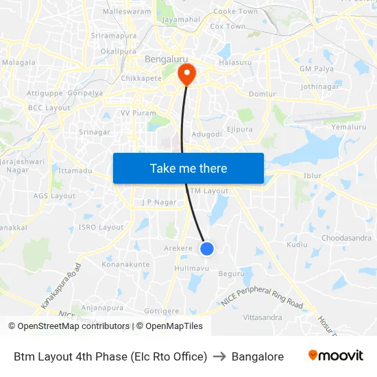 Btm Layout 4th Phase (Elc Rto Office) to Bangalore map