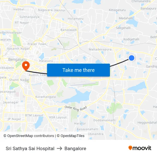 Sri Sathya Sai Hospital to Bangalore map
