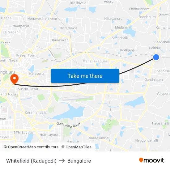 Whitefield (Kadugodi) to Bangalore map
