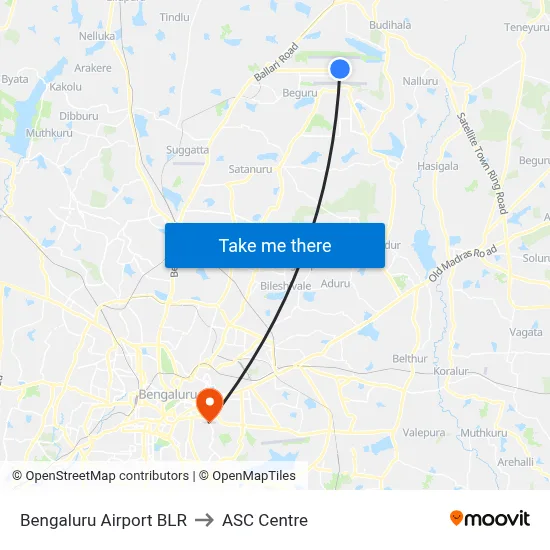 Bengaluru Airport BLR to ASC Centre map