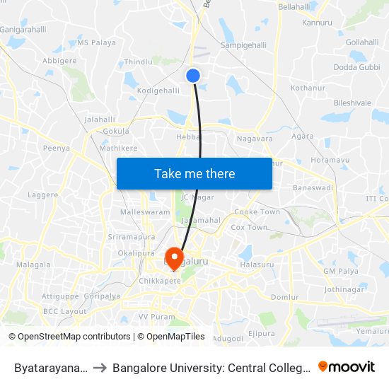 Byatarayanapura to Bangalore University: Central College Campus map