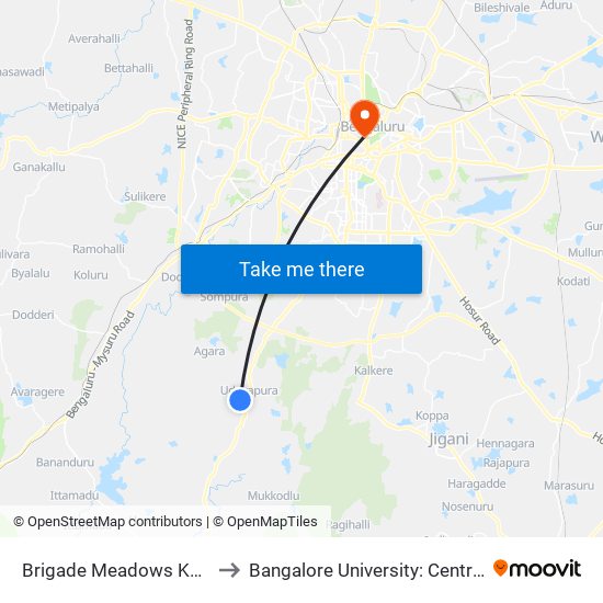 Brigade Meadows Kanakapura Road to Bangalore University: Central College Campus map