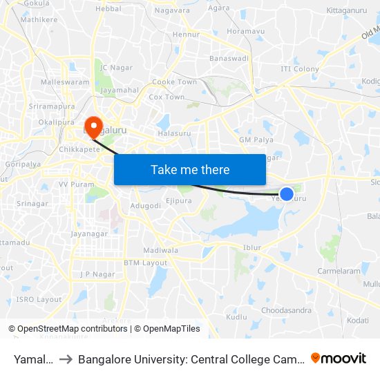 Yamalur to Bangalore University: Central College Campus map