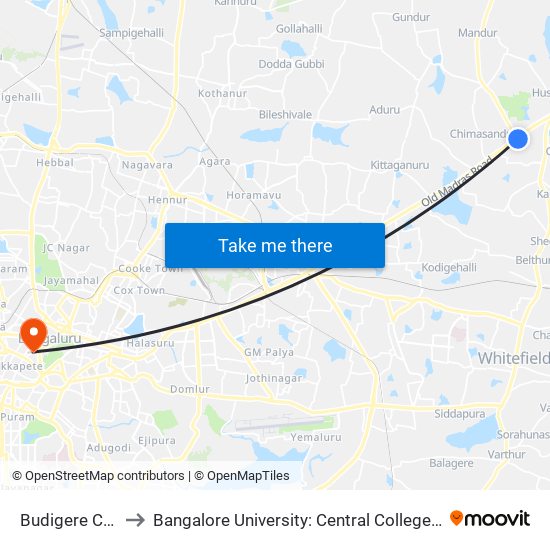 Budigere Cross to Bangalore University: Central College Campus map