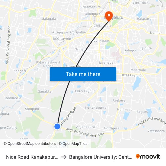 Nice Road Kanakapura Road Junction to Bangalore University: Central College Campus map