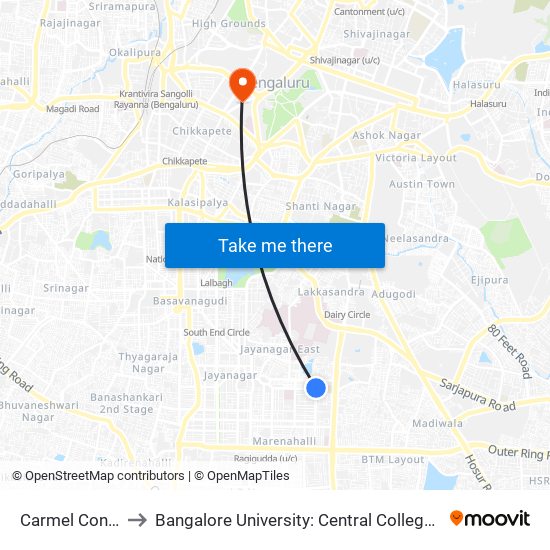 Carmel Convent to Bangalore University: Central College Campus map