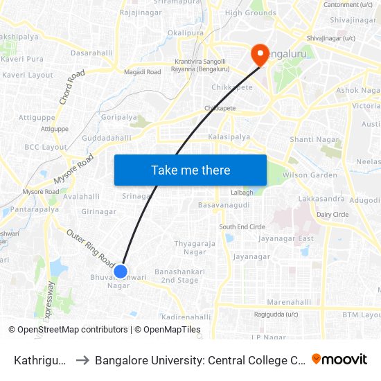 Kathriguppe to Bangalore University: Central College Campus map