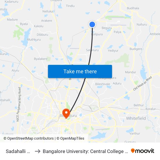 Sadahalli Gate to Bangalore University: Central College Campus map