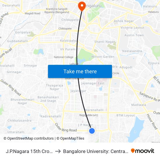 J.P.Nagara 15th Cross 3rd Phase to Bangalore University: Central College Campus map