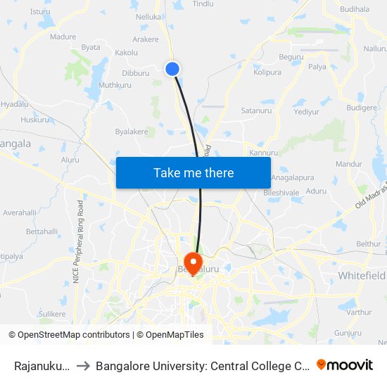 Rajanukunte to Bangalore University: Central College Campus map