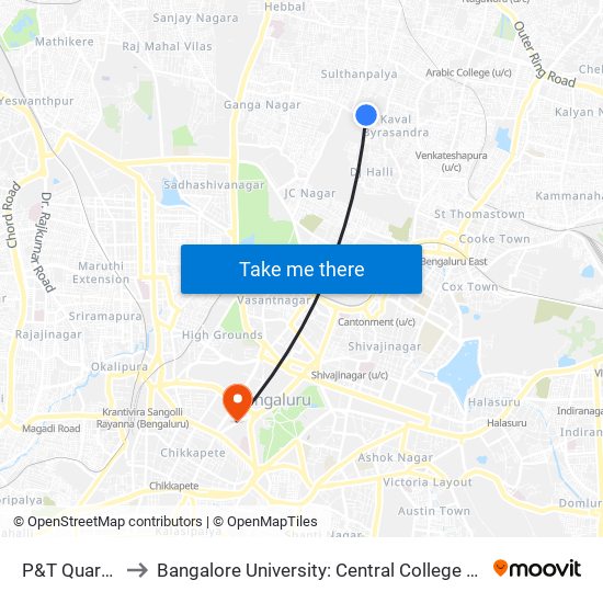 P&T Quarters to Bangalore University: Central College Campus map