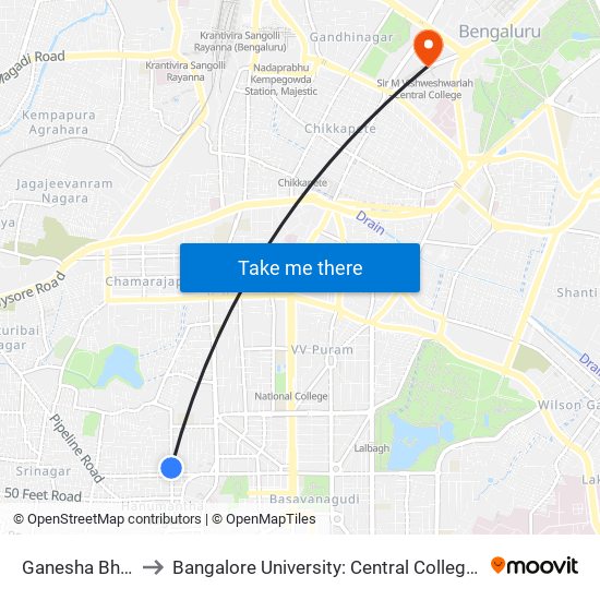 Ganesha Bhavan to Bangalore University: Central College Campus map
