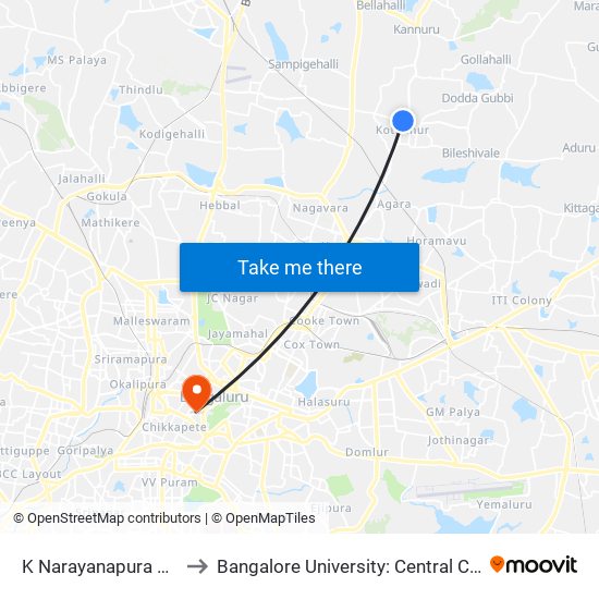 K Narayanapura Main Road to Bangalore University: Central College Campus map
