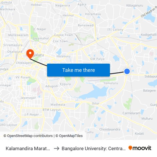 Kalamandira  Marathahalli Bridge to Bangalore University: Central College Campus map