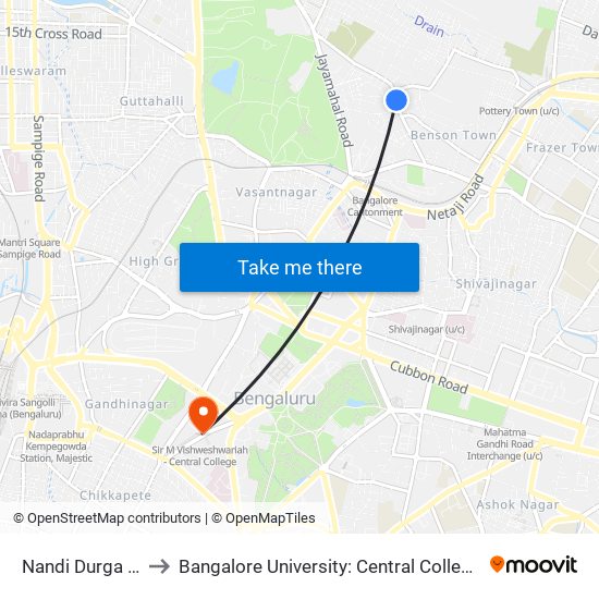 Nandi Durga Road to Bangalore University: Central College Campus map