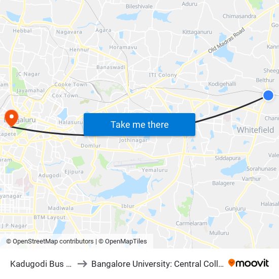 Kadugodi Bus Station to Bangalore University: Central College Campus map