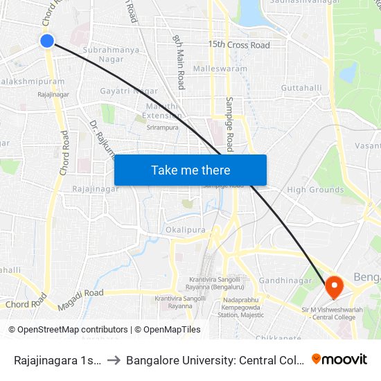 Rajajinagara 1st Block to Bangalore University: Central College Campus map