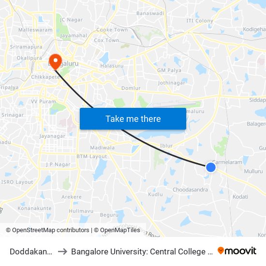 Doddakannalli to Bangalore University: Central College Campus map