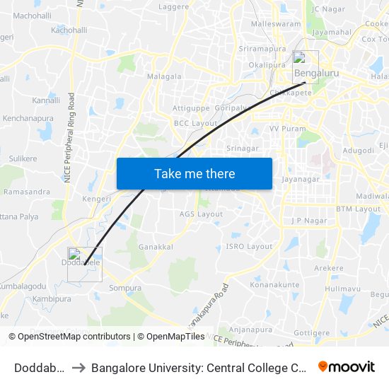 Doddabele to Bangalore University: Central College Campus map