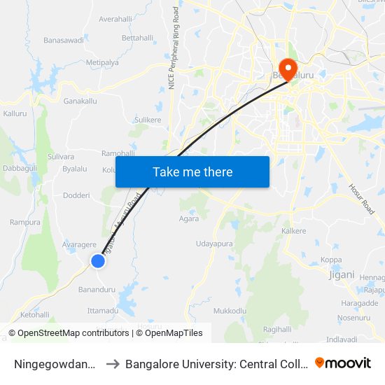 Ningegowdana Doddi to Bangalore University: Central College Campus map