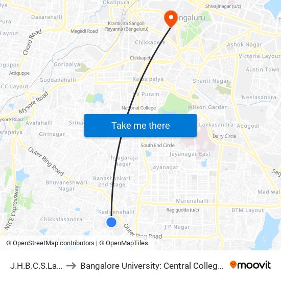 J.H.B.C.S.Layout to Bangalore University: Central College Campus map