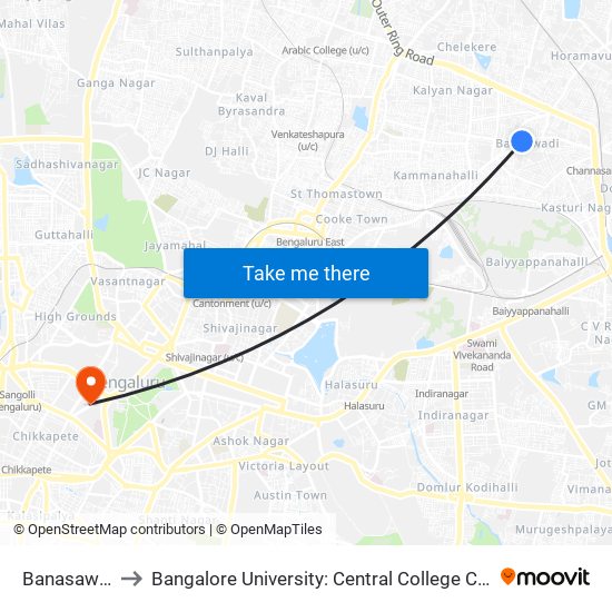 Banasawadi to Bangalore University: Central College Campus map