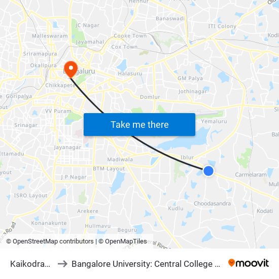 Kaikodrahalli to Bangalore University: Central College Campus map