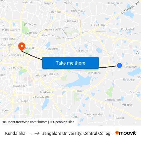 Kundalahalli Gate to Bangalore University: Central College Campus map