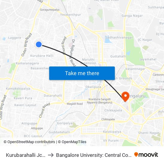 Kurubarahalli Jc Nagara to Bangalore University: Central College Campus map