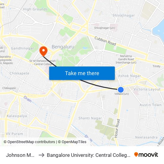Johnson Market to Bangalore University: Central College Campus map