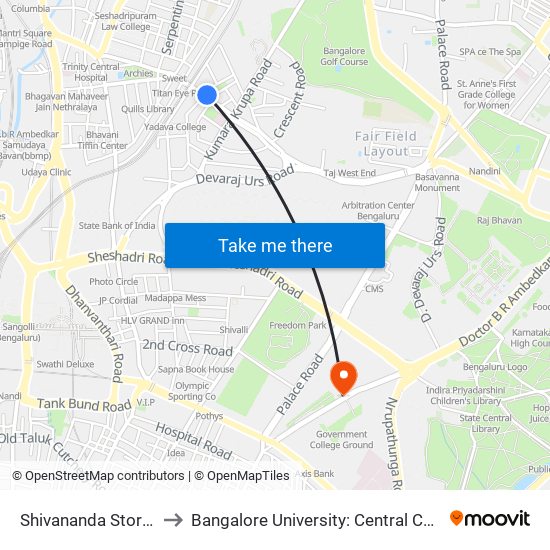 Shivananda Stores Circle to Bangalore University: Central College Campus map