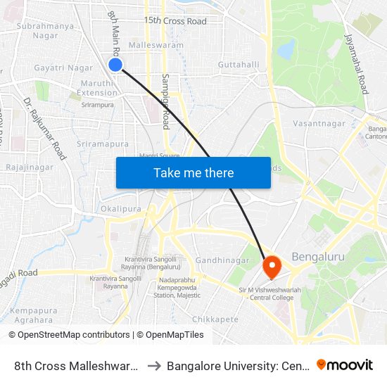 8th Cross Malleshwaram (8th Main Kbs) to Bangalore University: Central College Campus map