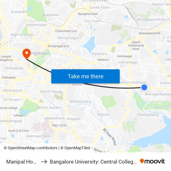 Manipal Hospital to Bangalore University: Central College Campus map