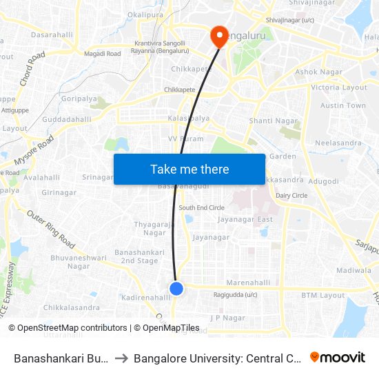 Banashankari Bus Station to Bangalore University: Central College Campus map