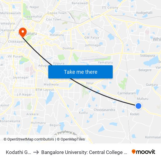 Kodathi Gate to Bangalore University: Central College Campus map