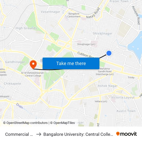 Commercial Street to Bangalore University: Central College Campus map