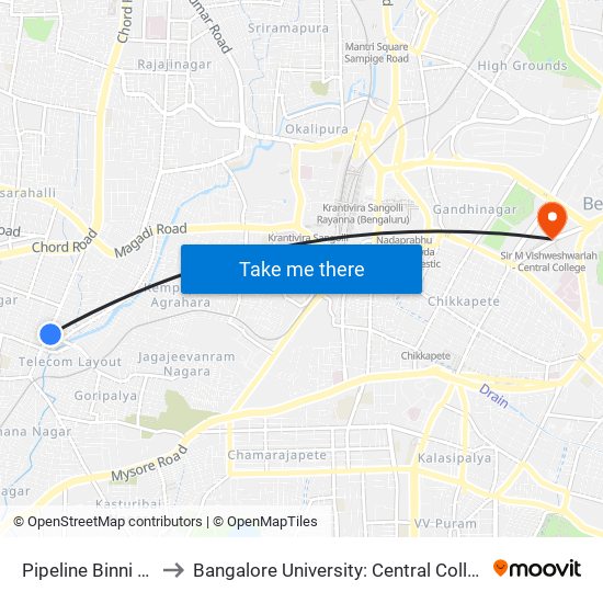 Pipeline Binni Layout to Bangalore University: Central College Campus map