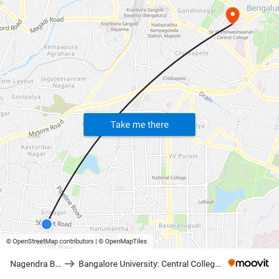 Nagendra Block to Bangalore University: Central College Campus map