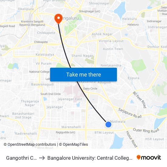 Gangothri Circle to Bangalore University: Central College Campus map