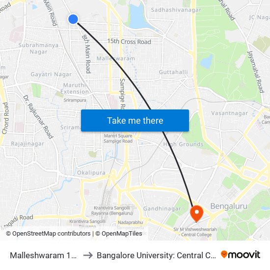 Malleshwaram 18th Cross to Bangalore University: Central College Campus map