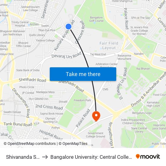 Shivananda Stores to Bangalore University: Central College Campus map