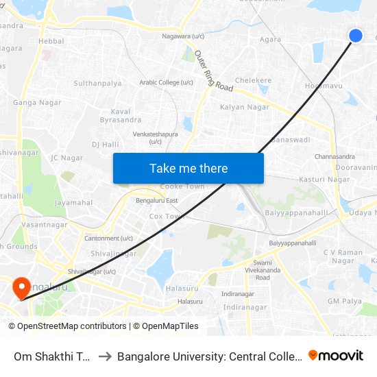 Om Shakthi Temple to Bangalore University: Central College Campus map