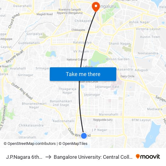 J.P.Nagara 6th Phase to Bangalore University: Central College Campus map