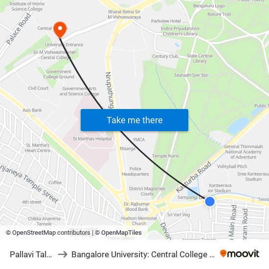 Pallavi Talkies to Bangalore University: Central College Campus map