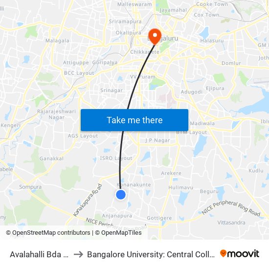 Avalahalli Bda Layout to Bangalore University: Central College Campus map