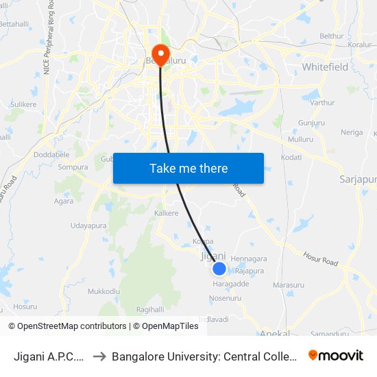 Jigani A.P.C.Circle to Bangalore University: Central College Campus map